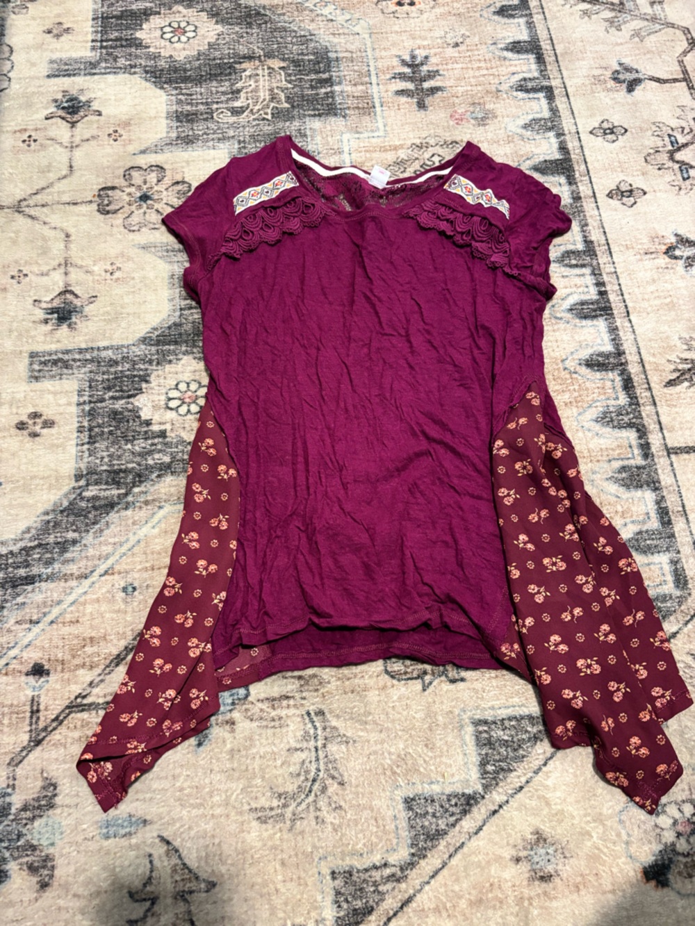 Magenta Lace-Trim Tee with Floral Lace Yoke